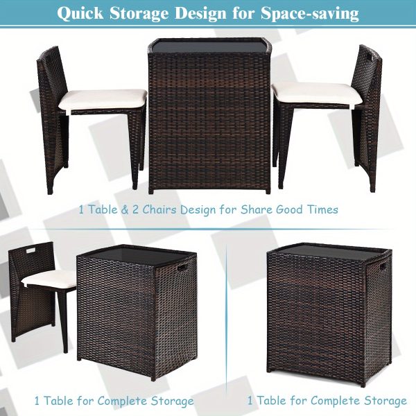 3pcs 3-Piece Outdoor Rattan Patio Furniture Set with Cushions, Space-Saving Deck Design, No Assembly Required