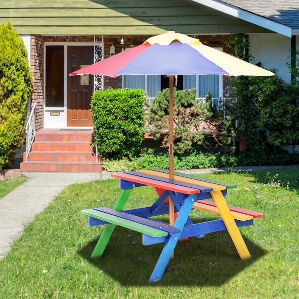 Lifezeal 4 Seat Kids Picnic Table w/Umbrella Garden Yard Folding Children Bench Outdoor