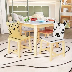 5 Piece Kiddy Table and Chair Set, Kids Wood Table with 4 Chairs Set Cartoon Animals (bigger table) (3-8 years old)