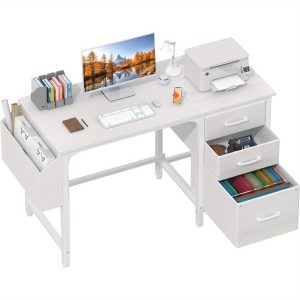 Lufeiya White Computer Desk with File Drawers Cabinet, 47 Inch Home Office Desks with Fabric Filing Cabinet for Small Space, Modern Writing Table PC Desks, White