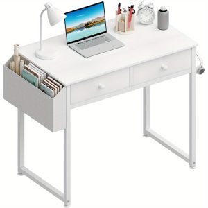 Lufeiya Small White Desk with Drawers: 32 Inch Home Office Computer Desk with Fabric Storage and Bag for Small Spaces