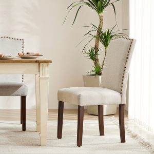 Dining Chairs, Dining Room Kitchen Side Chair, High-end Upholstered Leather Dining Room Chair with Nailhead Trim and Wood Legs, Beige