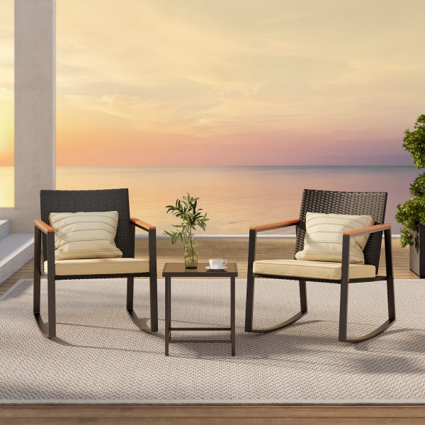 3-Piece Wicker Rocking Patio Furniture Set, Outdoor Bistro Selection With Tempered Glass Coffee Table, Ideal For Front Porch, Balcony, And Deck Spaces, Beige