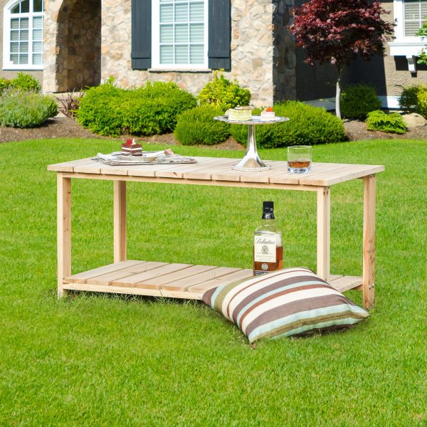 Outdoor Wooden Furniture Coffee Table With Lower Shelf Natural For Yard, Patio, Garden