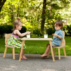 Kids Wood Table And Chair Set - Including 2 Animal Chairs - Waterproof Desktop - Adorable Toddler Table Chairs Set For Eating, Snack Time And Play Games