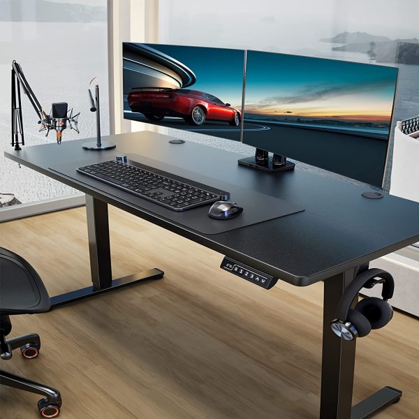 63*28 Inch Ergonomic Height-Adjustable Desk With 176 Lbs Capacity, Side Headphone Hook, And 5-Key 3-Preset Memory -Modern Electric Sit-Stand Gaming Workstation With Solid Steel Frame For Home Office