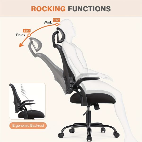 Ergonomic Office Computer Desk Chair, High-Back Mesh Rolling Work Chair With Wheels, Adjustable Headrest Flip-Up Arms Lumbar Support For Home Study Bedroom