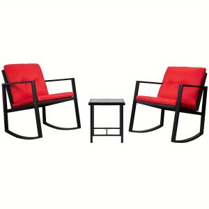 3pcs Modern Patio Furniture Set With Cushioned Rocking Chairs And Table, Durable Outdoor Bistro Set, 35