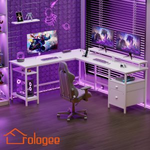 Furologee Multi Gaming Desk With Power Outlets, Computer Desk With File Drawers, Home Office Desk With Storage Shelves And Monitor Stand, PC Laptop Writing Study Table Workstation, Ergonomic Design