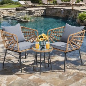 3-Piece Outdoor Rattan Patio Sofa Set with Cushioned Chairs and Coffee Table