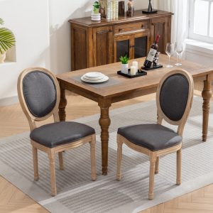 2-Piece set Upgraded Linen Back Dining Chair Linen Back Dining Chair, French Solid Wood Frame Antique Painting, Dark Gray, Beige