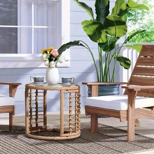 Outdoor Side Coffee Table, Patio Round Wicker End Table For Backyard, Balcony, Garden, Porch, Bedside