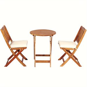 3pcs 2pcs 1pc 3-Piece Folding Wooden Bistro Set with Cushioned Chairs and Round Table, Outdoor Conversation Set for Garden, Backyard, Balcony, Porch